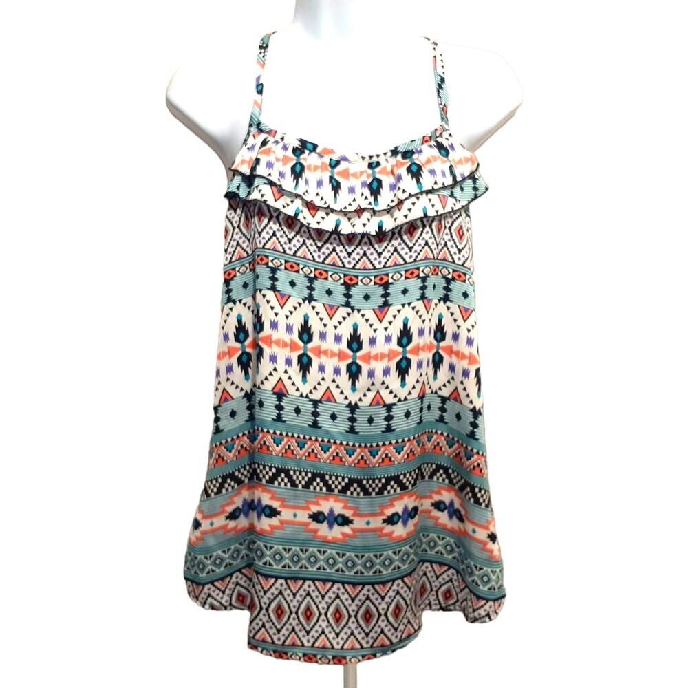womens vintage boho blouse S turquoise red geometric bohemian ruffle tank